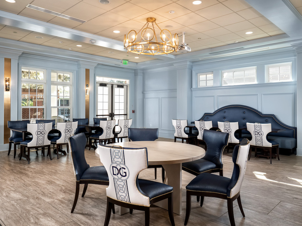 The dining room of Delta Gamma, designed by Joni Vanderslice and her team at J. Banks.