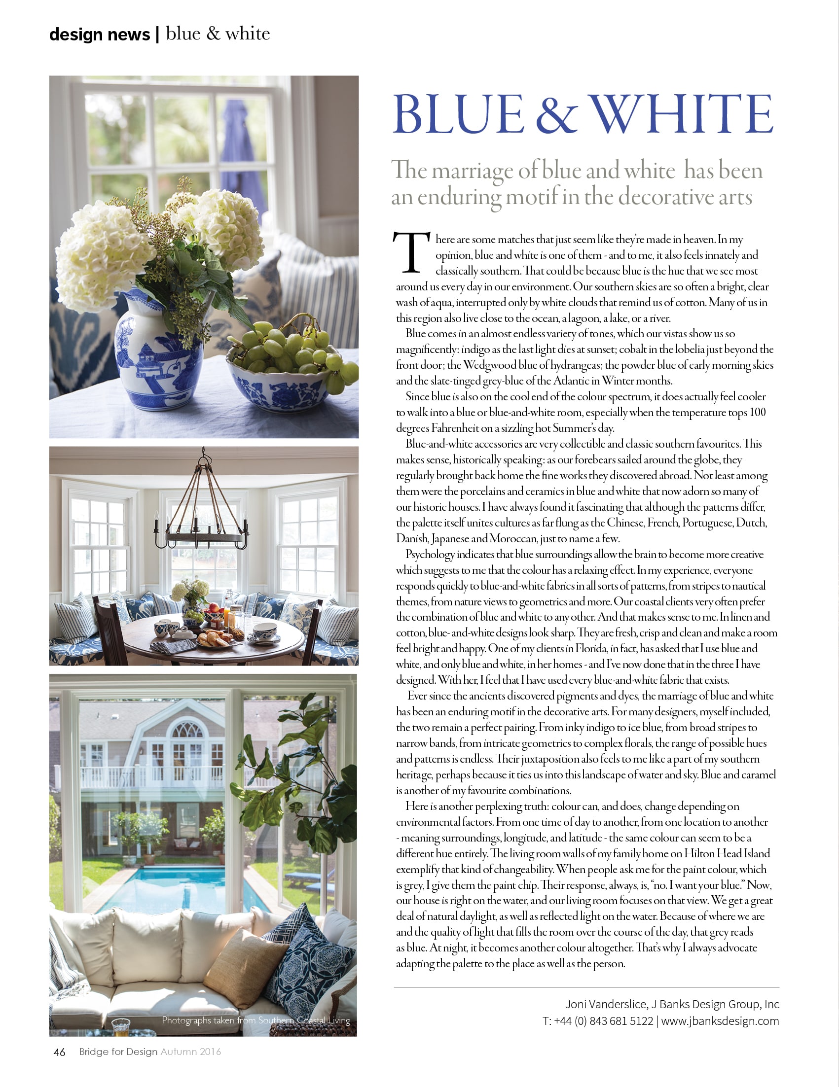 joni vanderslice shares blue and white decorating advice in bridge for design magazine