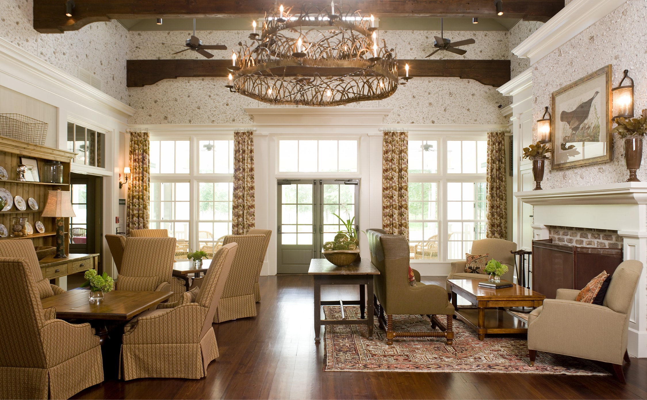 oldfield clubhouse interiors by j banks design group has an inviting warmth due to the time-honored elements