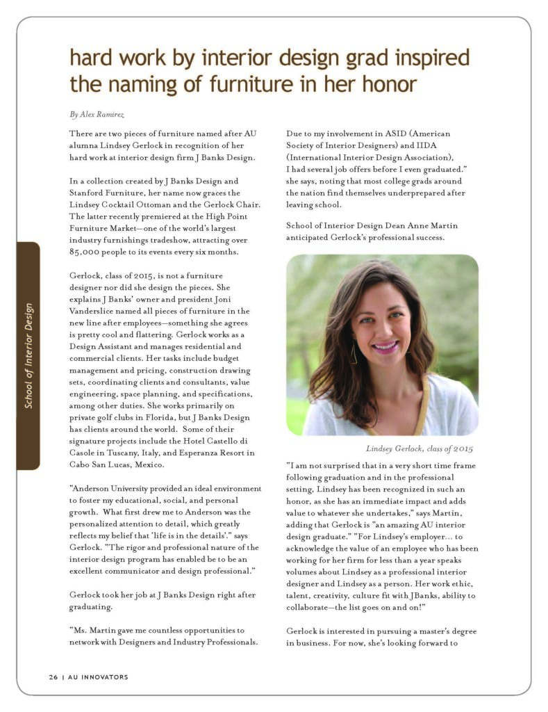 lindsey gerlock anderson university feature in the college's magazine for inspiring name of chair