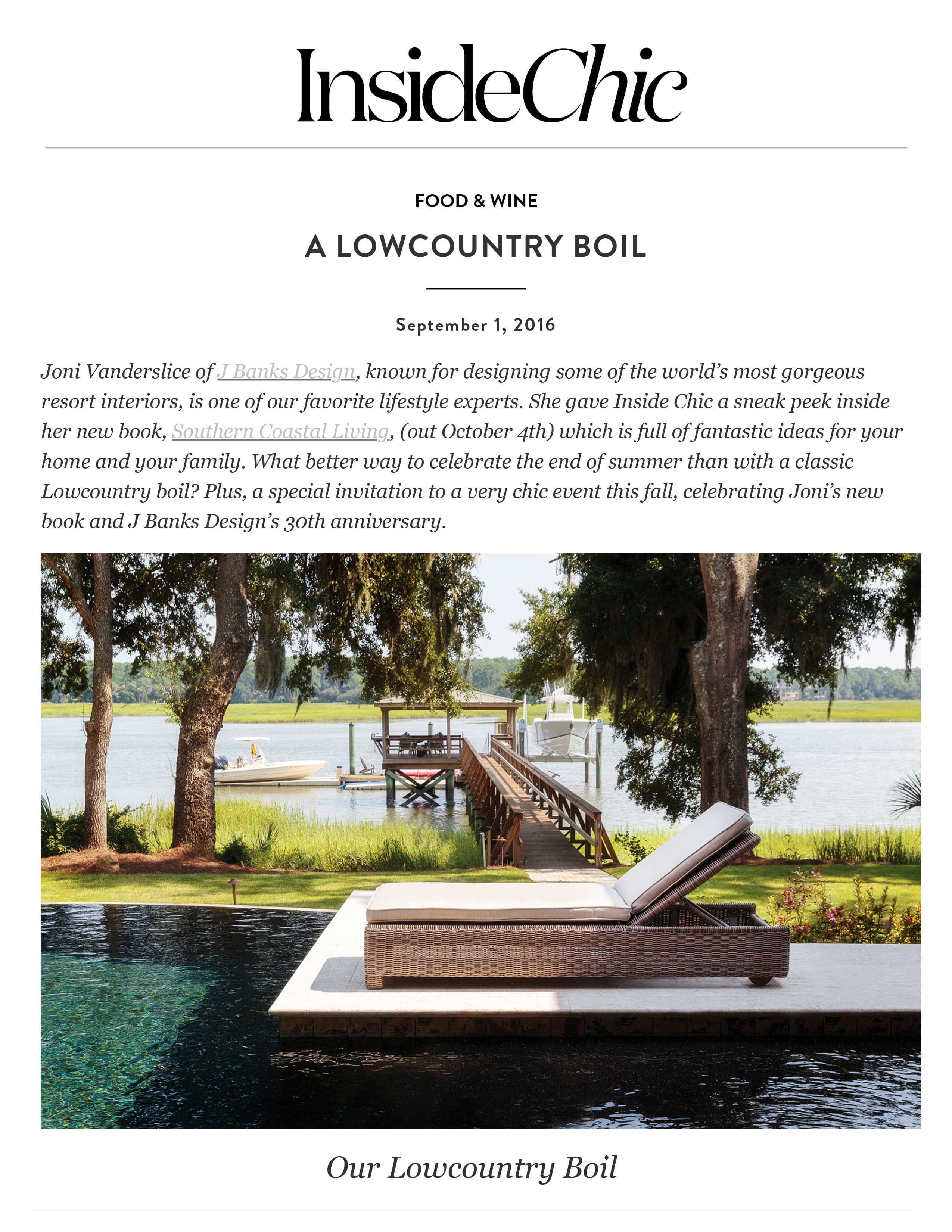 joni vanderslice featured inside chic highlighting her favorite variation of a lowcountry boil and her book