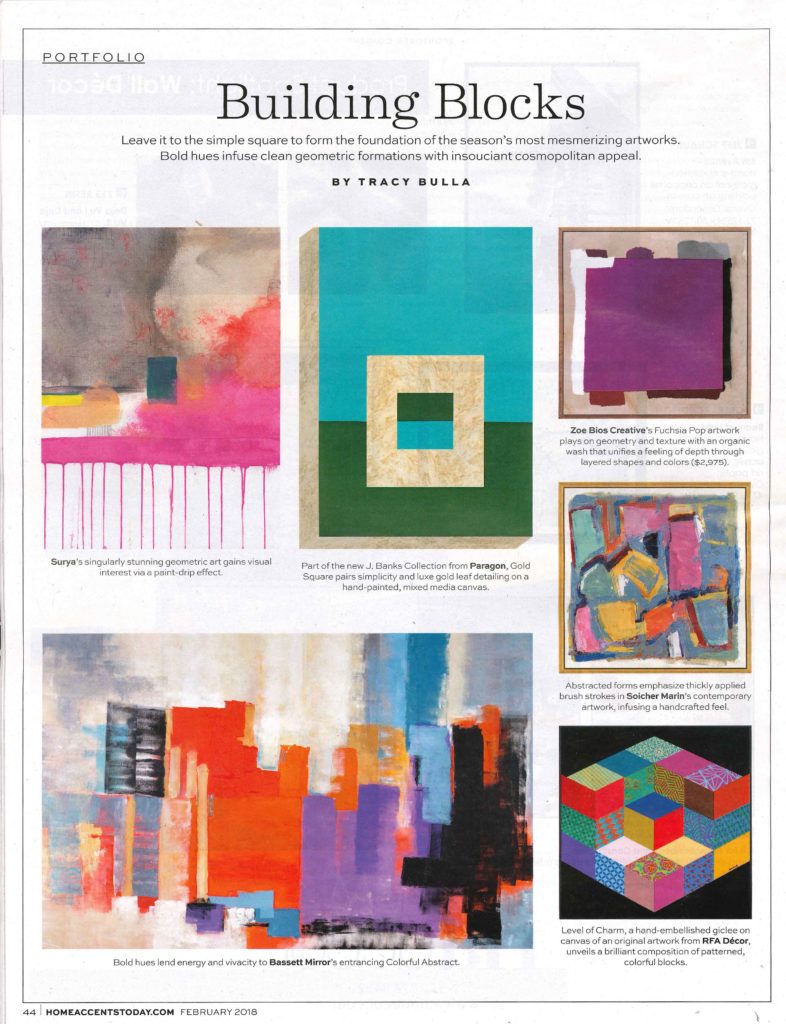 Building Blocks article featuring Paragon Art by Joni Vanderslice for the J Banks Collection in Home Accents Today