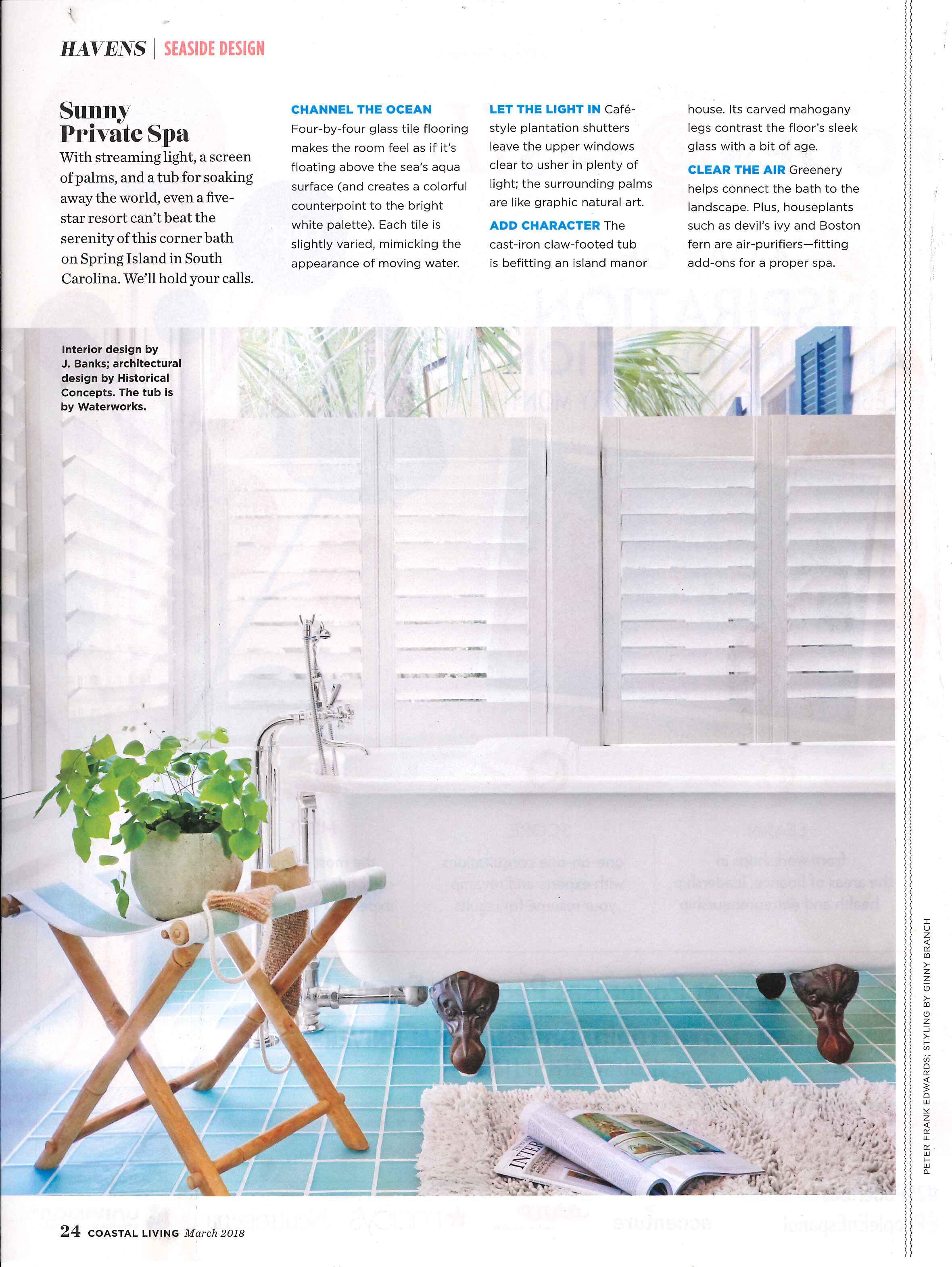 coastal bathroom design by j banks design group is featured in the march 2018 issue of coastal living magazine