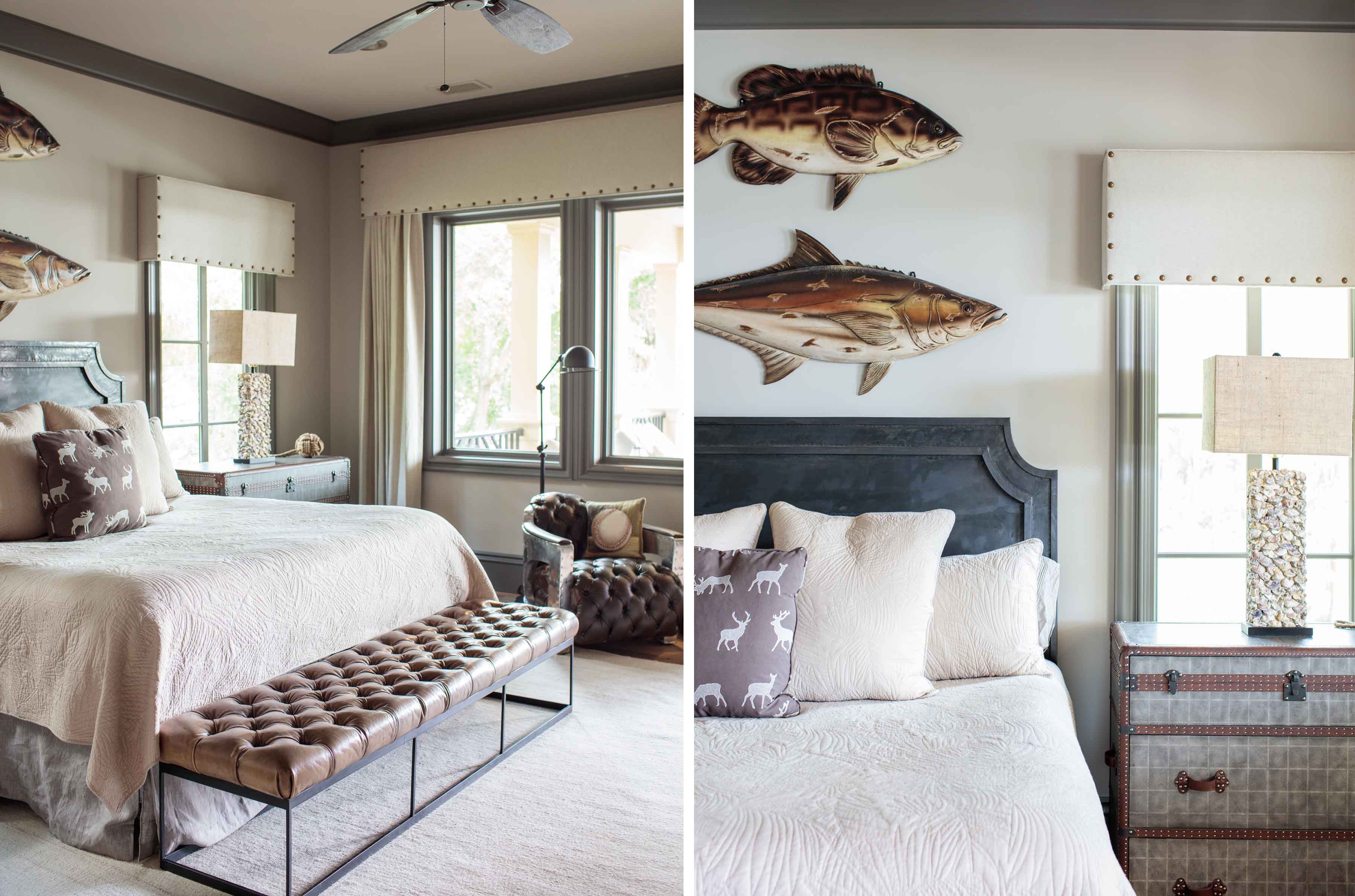 lowcountry bedroom design by Sharon Cleland of the J Banks Design Group includes hints of the nature beyond the windows
