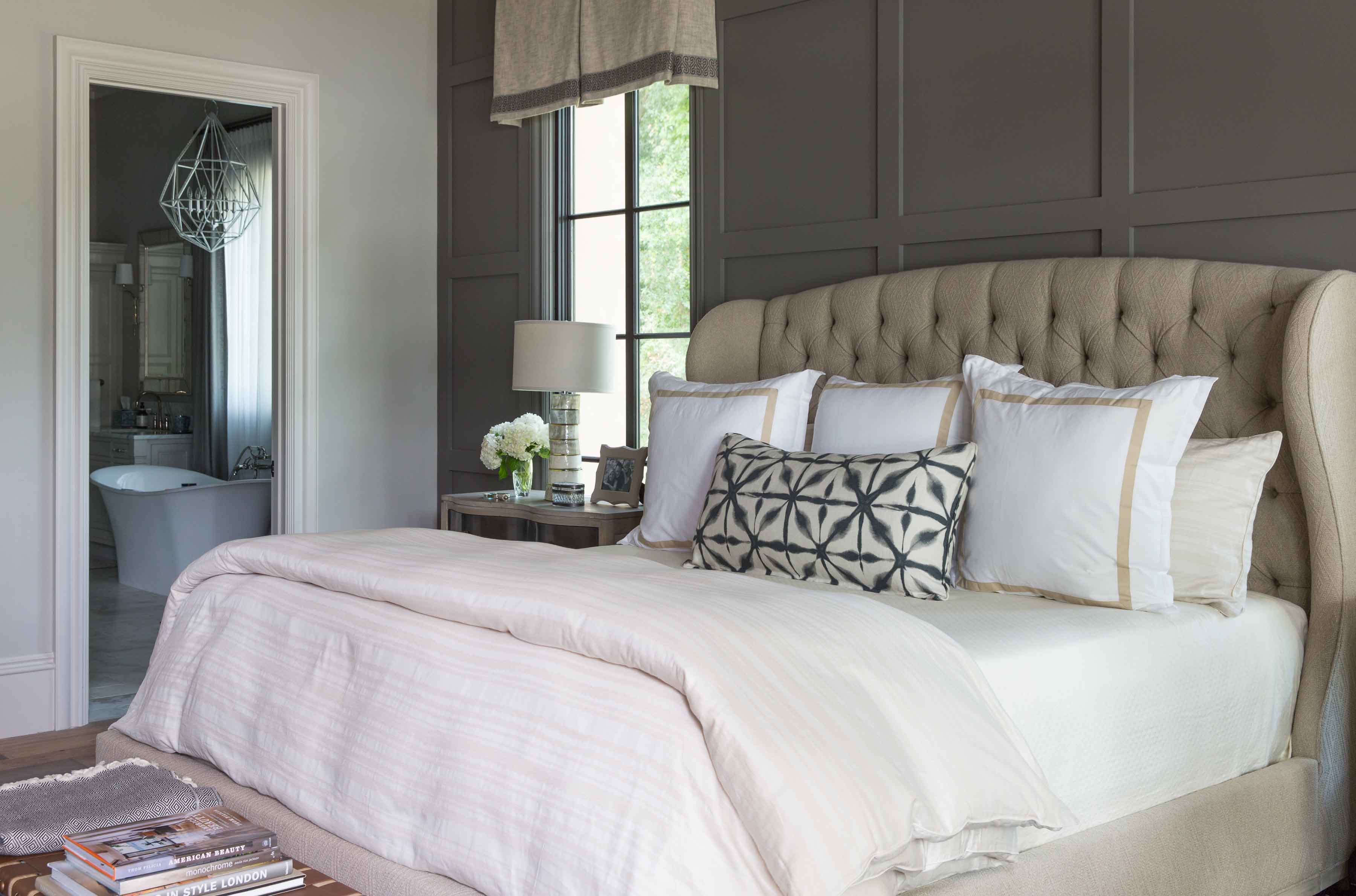 bedroom interior design by Sharon Cleland of the J Banks Design Group is a study in comfortable sophistication and an intelligent use of materials