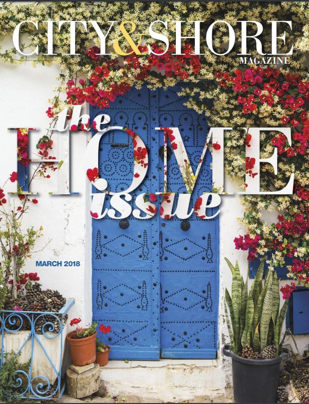 city and shore magazine cover with article featuring mod palm mosaic tile by joni vanderslice inside