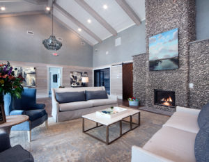 a sitting area with a fireplace in the clubhouse at the WaterWalk at Shelter Cove by J. Banks Design Group