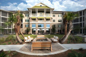 outdoor living space at the WaterWalk at Shelter Cove by J. Banks Design Group