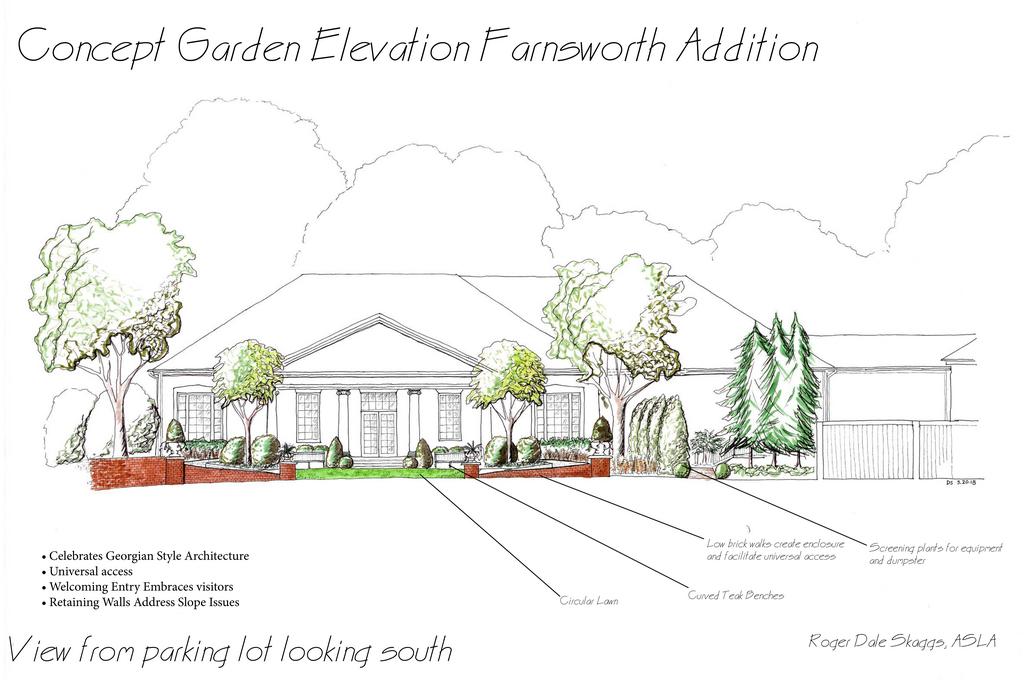 rendered elevation farnsworth addition view from the parking lot looking south