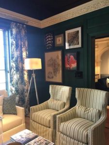 Matching Brittani chairs in a soft green stripe.