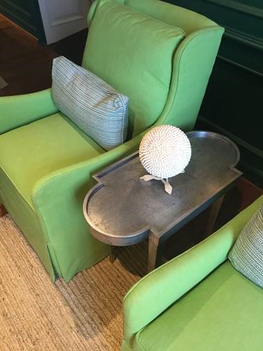 J Banks collection Ives chair in bright green linen for Stanford Furniture