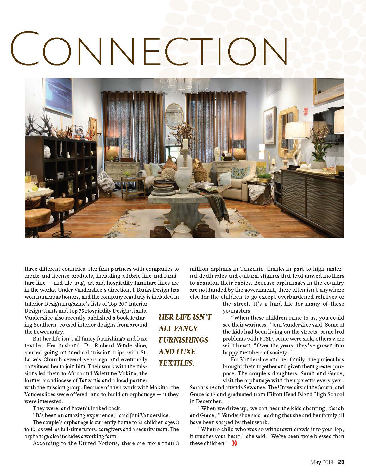 Joni Vanderslice Feature in Hilton Head Monthly regarding her African Connection to the Valentine Project