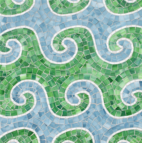 New Ravenna Wimbiglass is the Wimbi pattern in a delightful blue and green glass mosaic by joni vanderslice