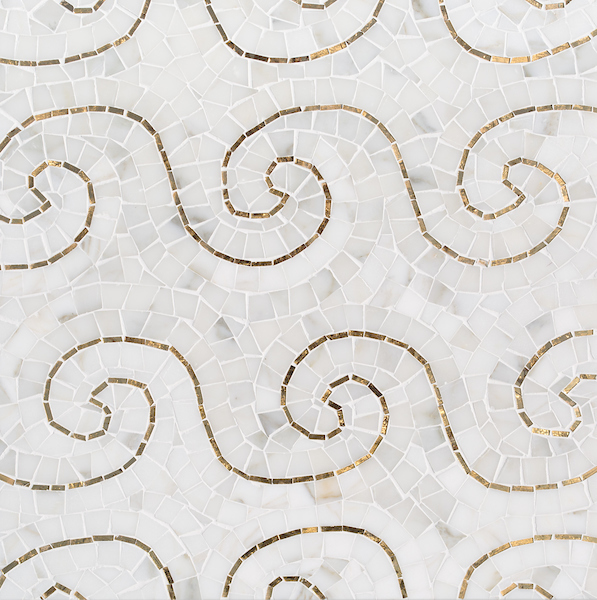 Wimbi stone mosaic was created by Joni Vanderslice for New Ravenna from polished Calacatta Gold and Gold glass