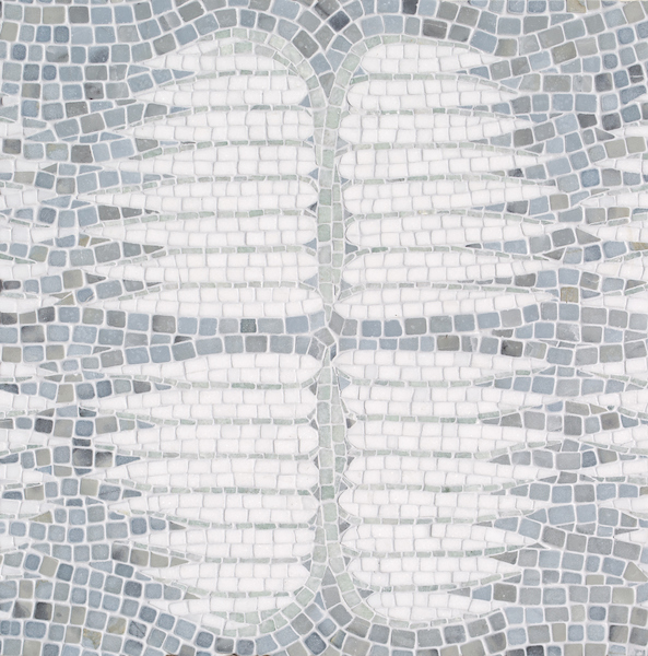 Wings stone mosaic tile in tumbled Ming Green, Pacifica and Thassos was designed by Joni Vanderslice for New Ravenna.