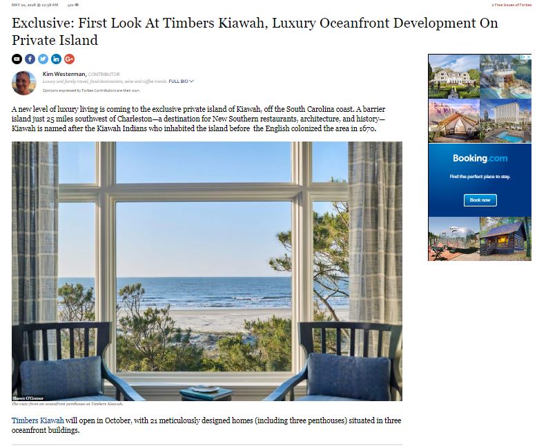 Timbers Kiawah May 2018 coverage by Forbes.com announcing a first look at the resort with interiors by j banks design