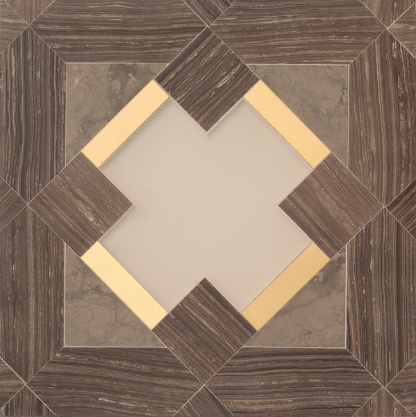 Kubuni Grand, a hand-cut and waterjet mosaic, shown in polished Bayard, honed Montevideo, Weathered White glass, and brass.