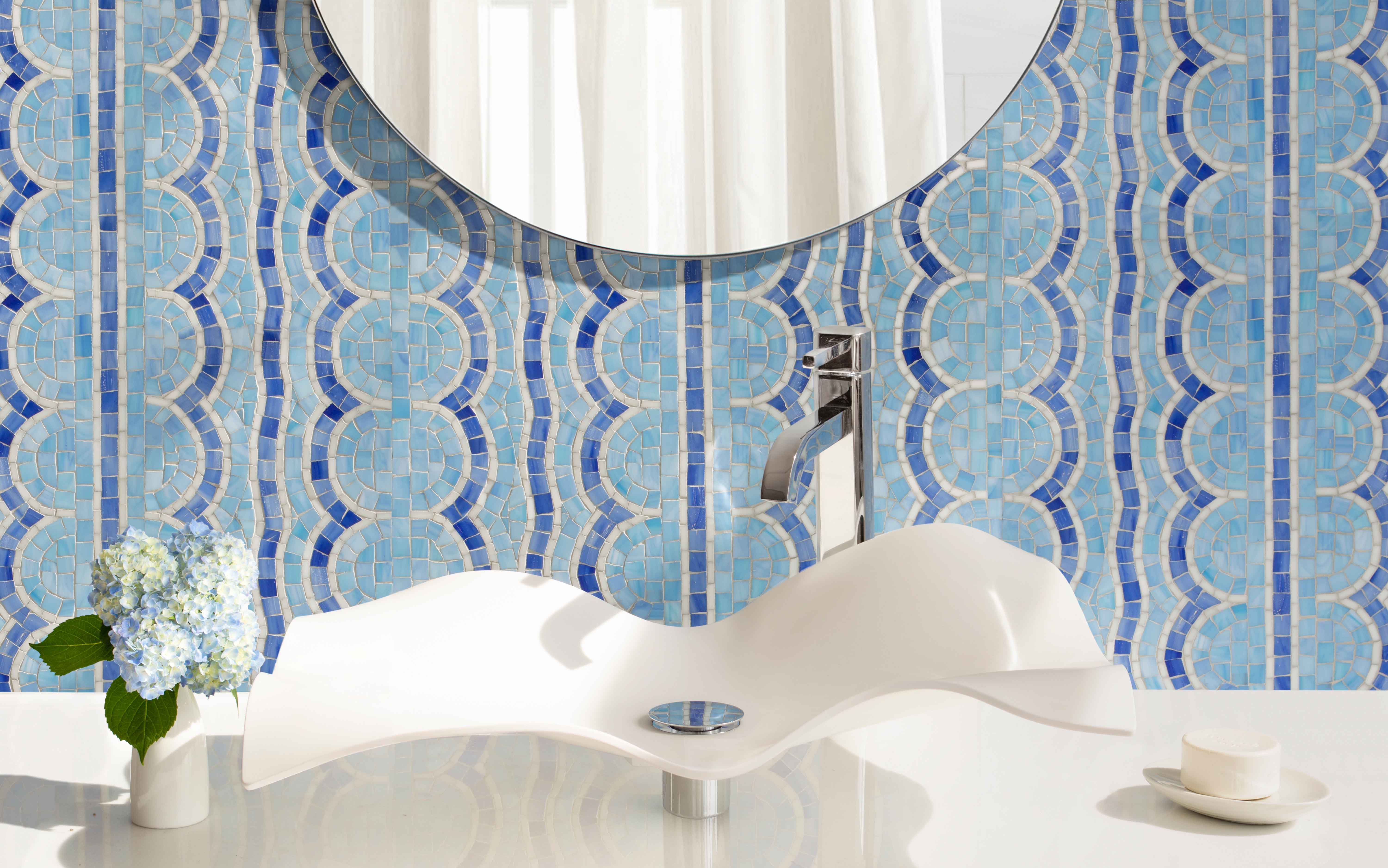 Tanzanian Squiggle pattern of mosaic tile designed by joni vanderslice for New Ravenna shown in a Bathroom