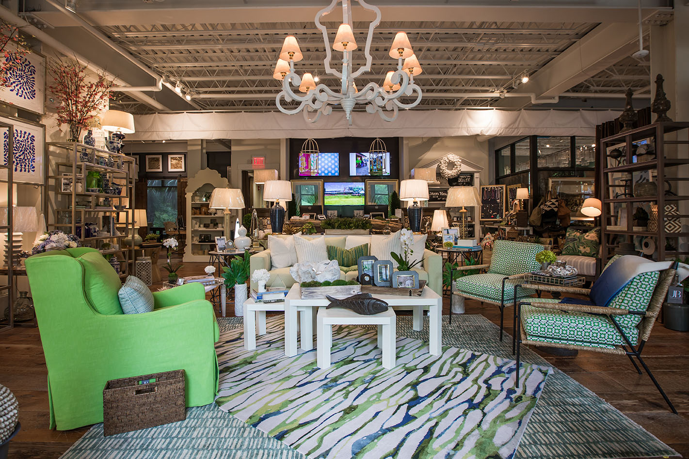 j banks design group's hilton head designer warehouse filled with colorful decor items and ocean-inspired gifts