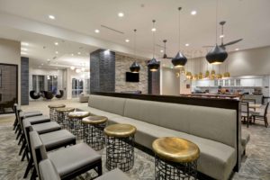public spaces of homewood suites in cary north carolina designed to be a chic lodge lobby for travelers