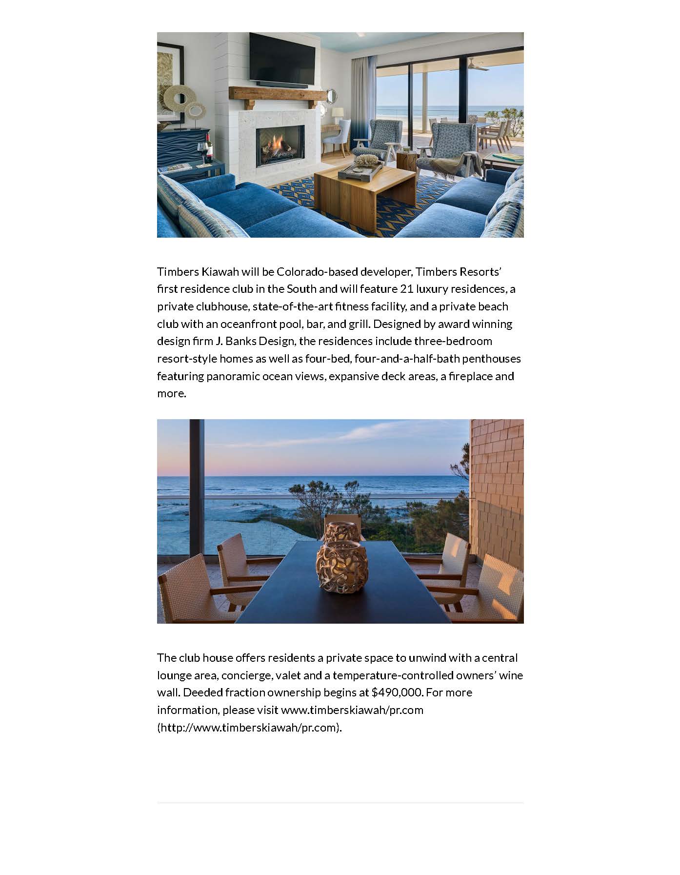 Luxury Travel Magazine featured Timbers Kiawah Ocean Club and Residences a J Banks Design project
