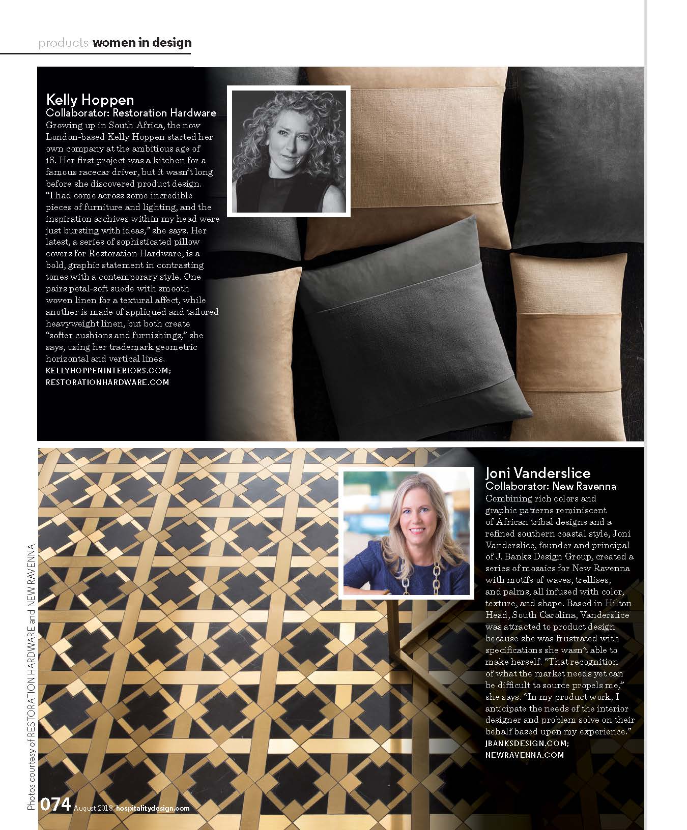 Joni Vanderslice featured in Hospitality Design‘s August “Women in Design” for the J Banks Collection for New Ravenna