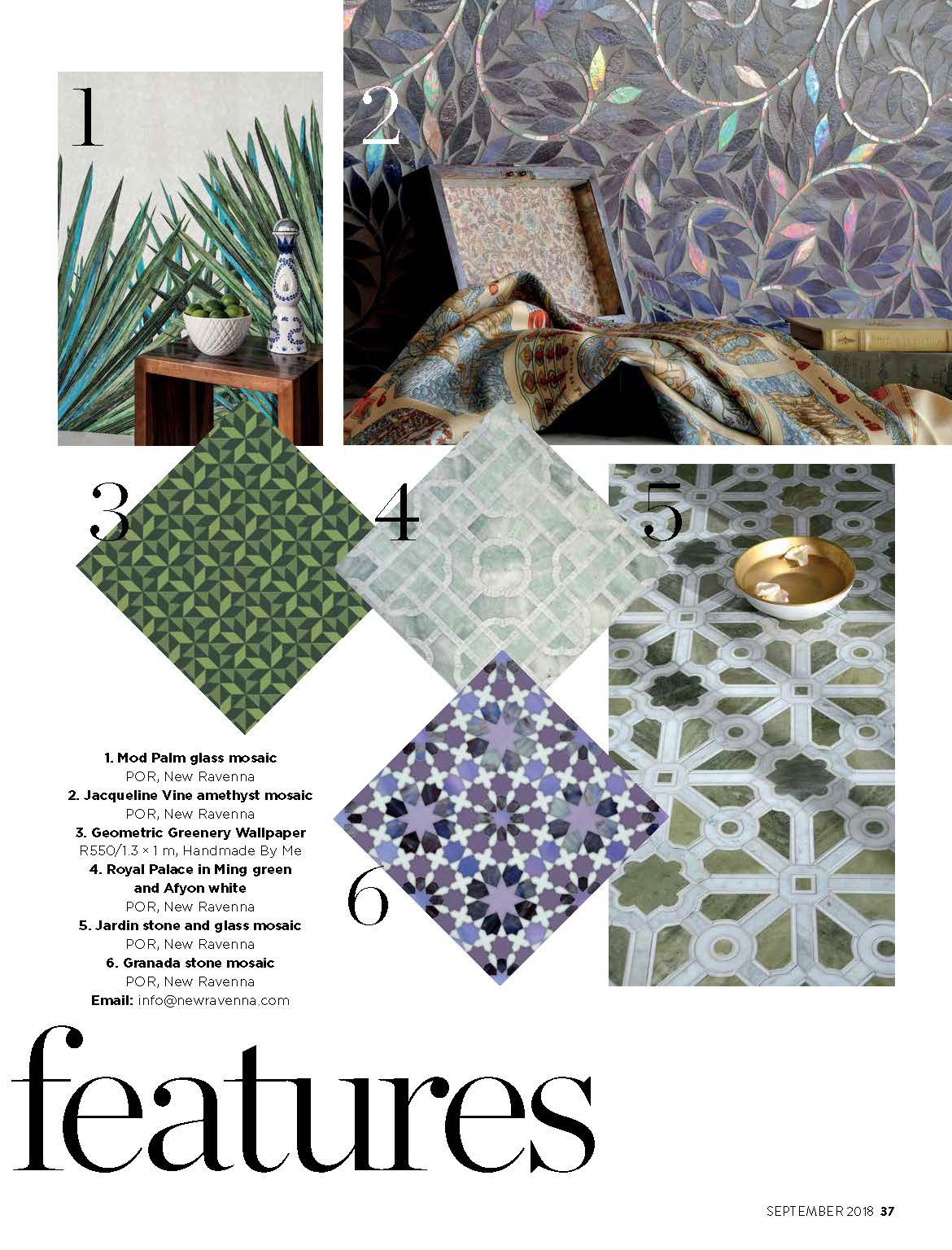 Mod Palm glass mosaic designed by Joni Vanderslice for New Ravenna featured in Club Magazine