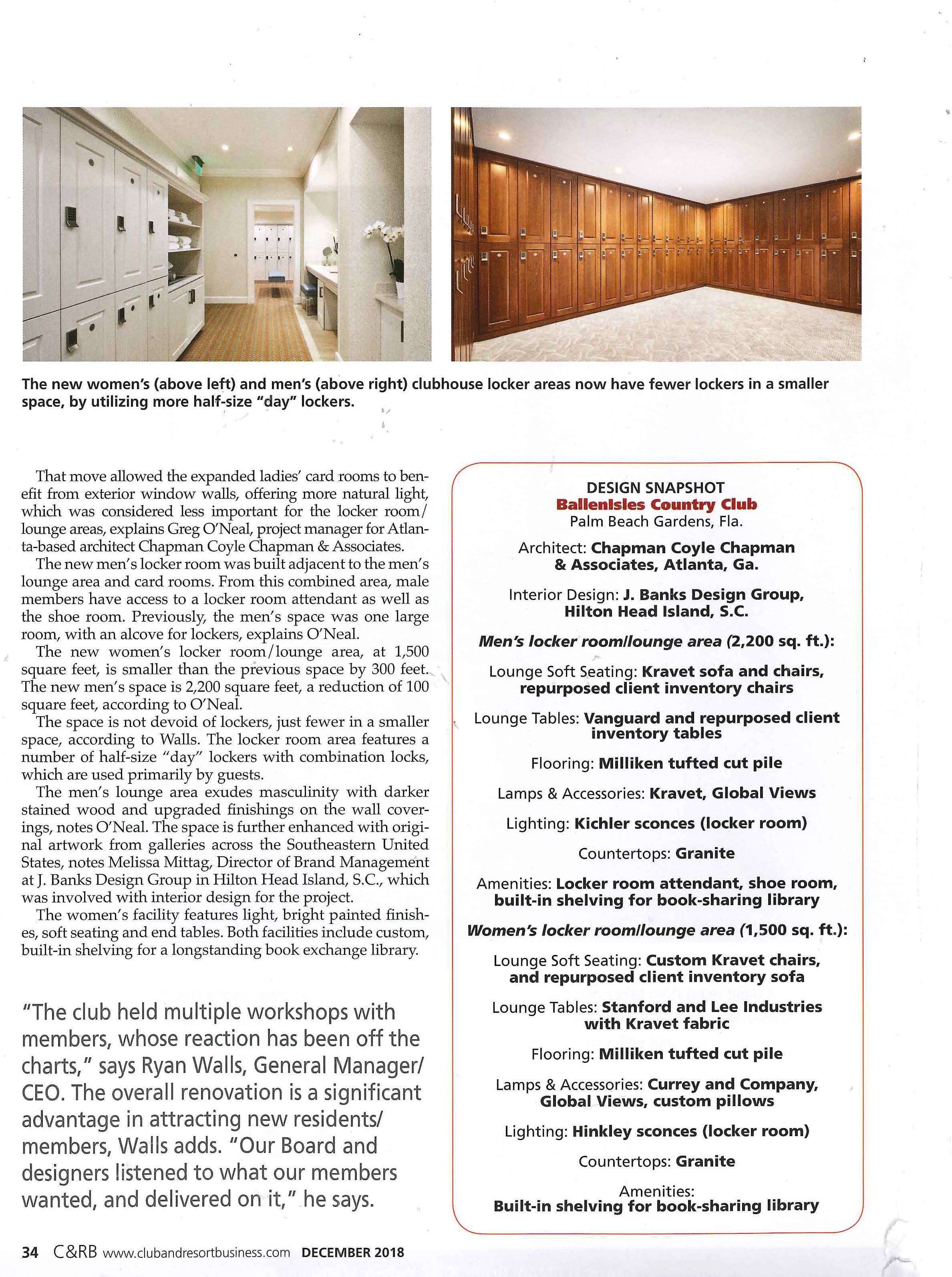 Club & Resort Business features locker rooms of BallenIsles' Clubhouse interior by the J. Banks Design Group