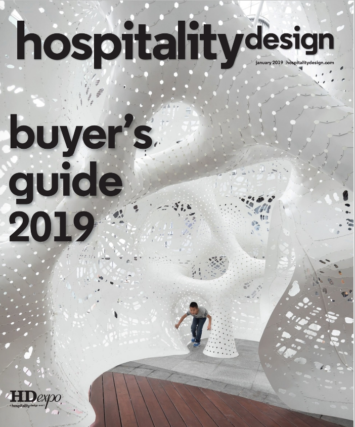 cover of Hospitality Design Magazine features New Ravenna's Mod Palm mosaic in J. Banks Collection