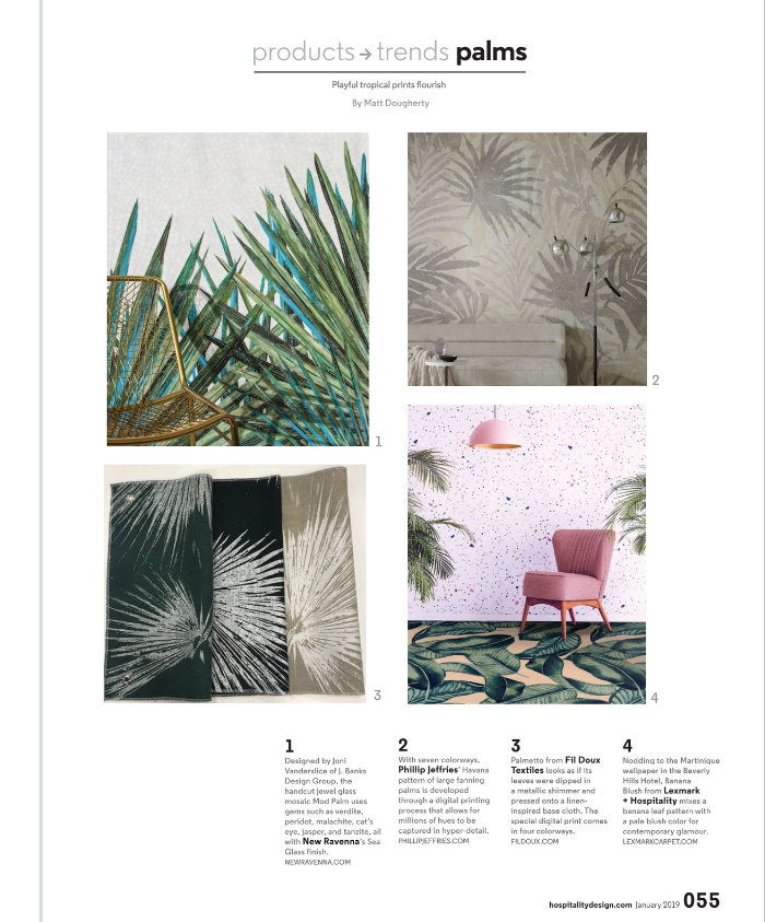 Hospitality Design Magazine features New Ravenna's Mod Palm mosaic in J. Banks Collection