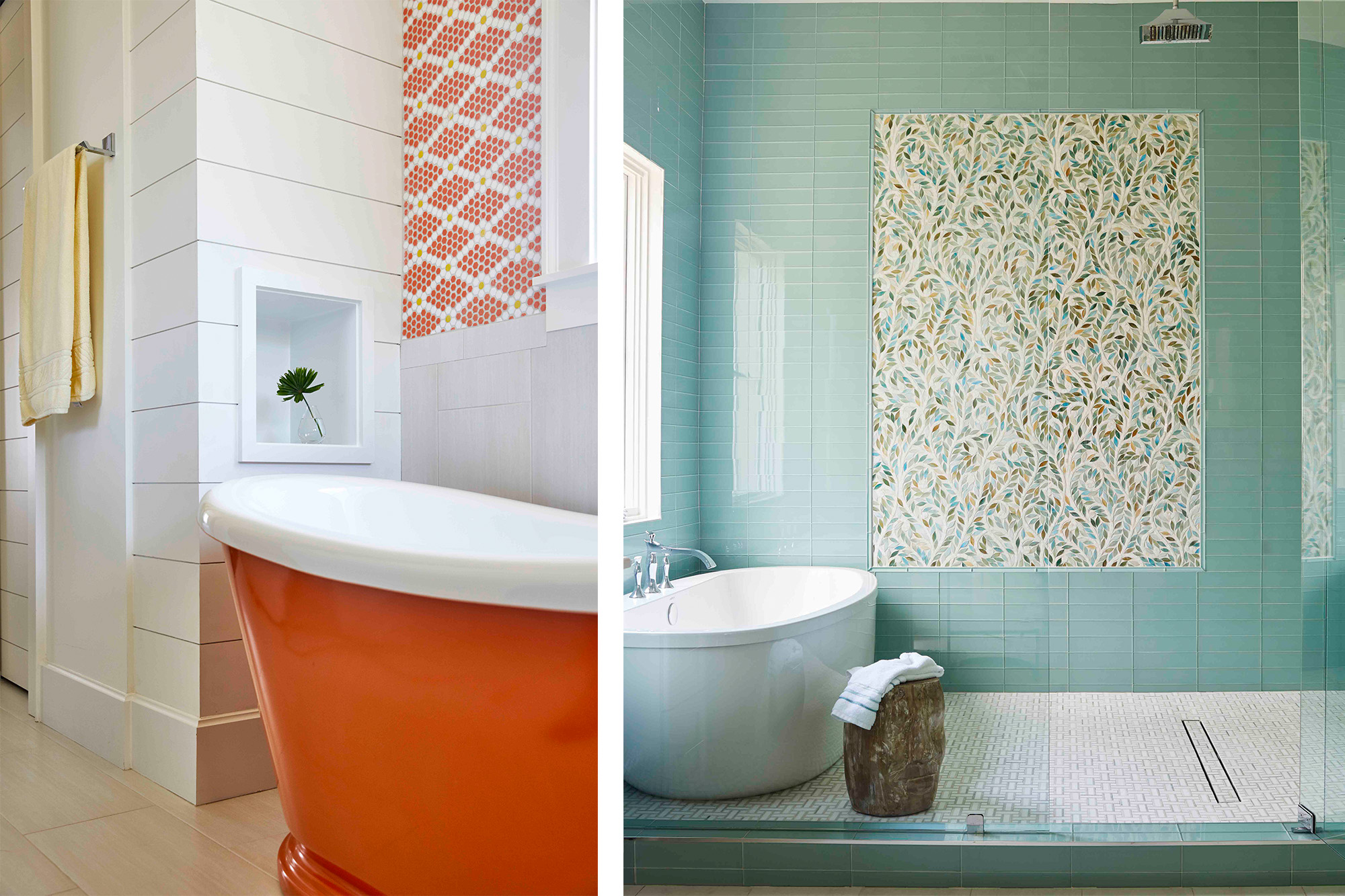 two baths by J Banks Design Group with artful tile mosaics