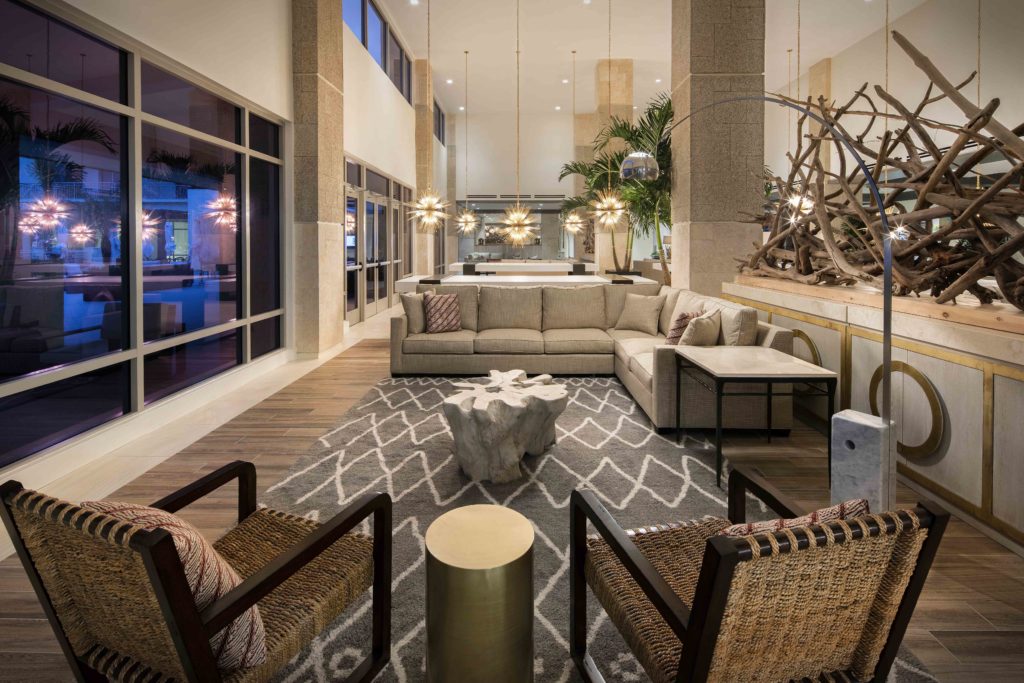 a view of the lobby of the Embassy Suites in St. Augustine designed by the J. Banks Design Group