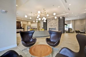 lobby at Homewood Suites in Cary, NC, designed by J Banks Design Group, with Egg chairs by Arne Jacobsen