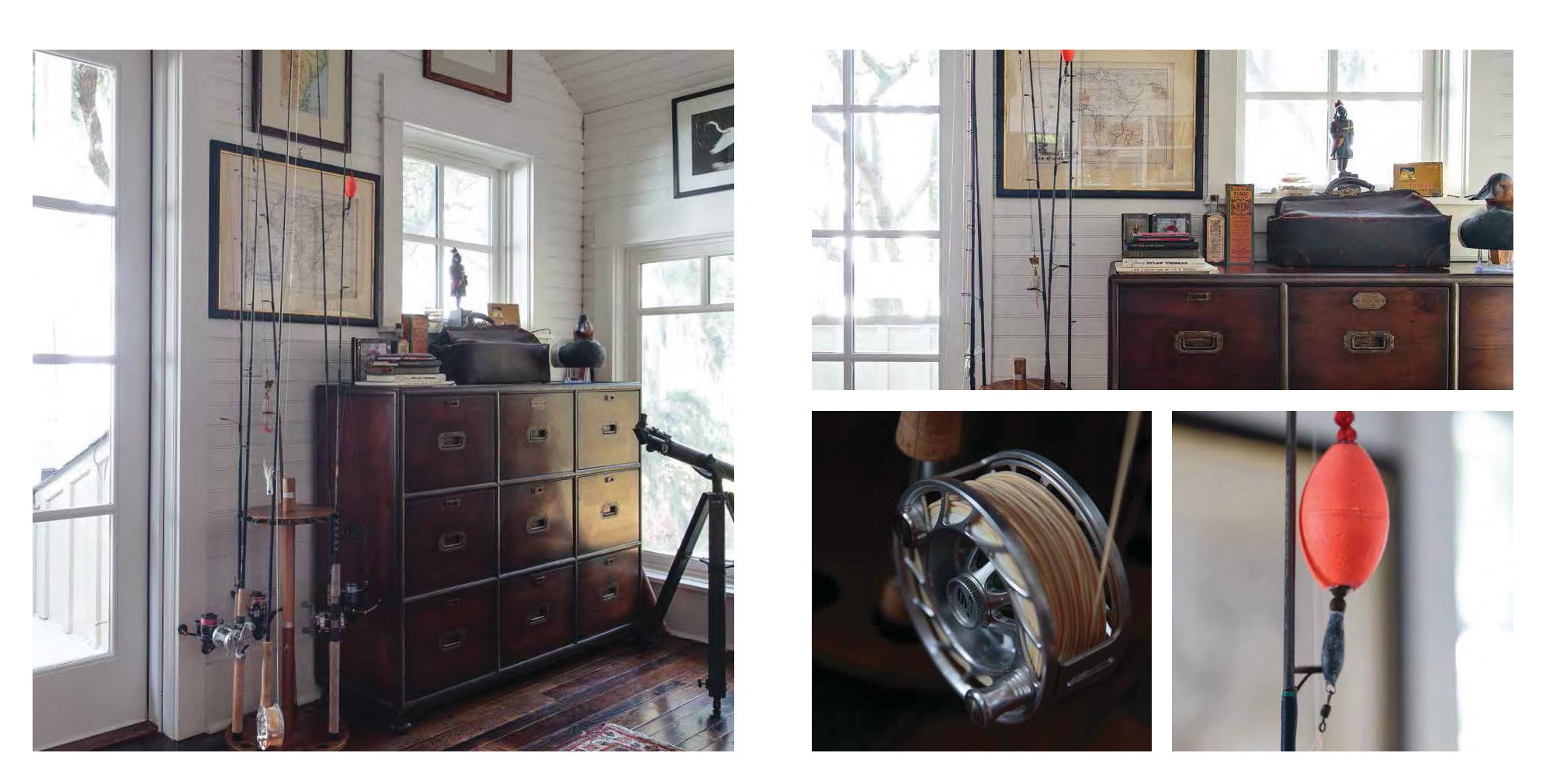 A collage of a man's office, showing his collections of fishing equipment and memorabilia