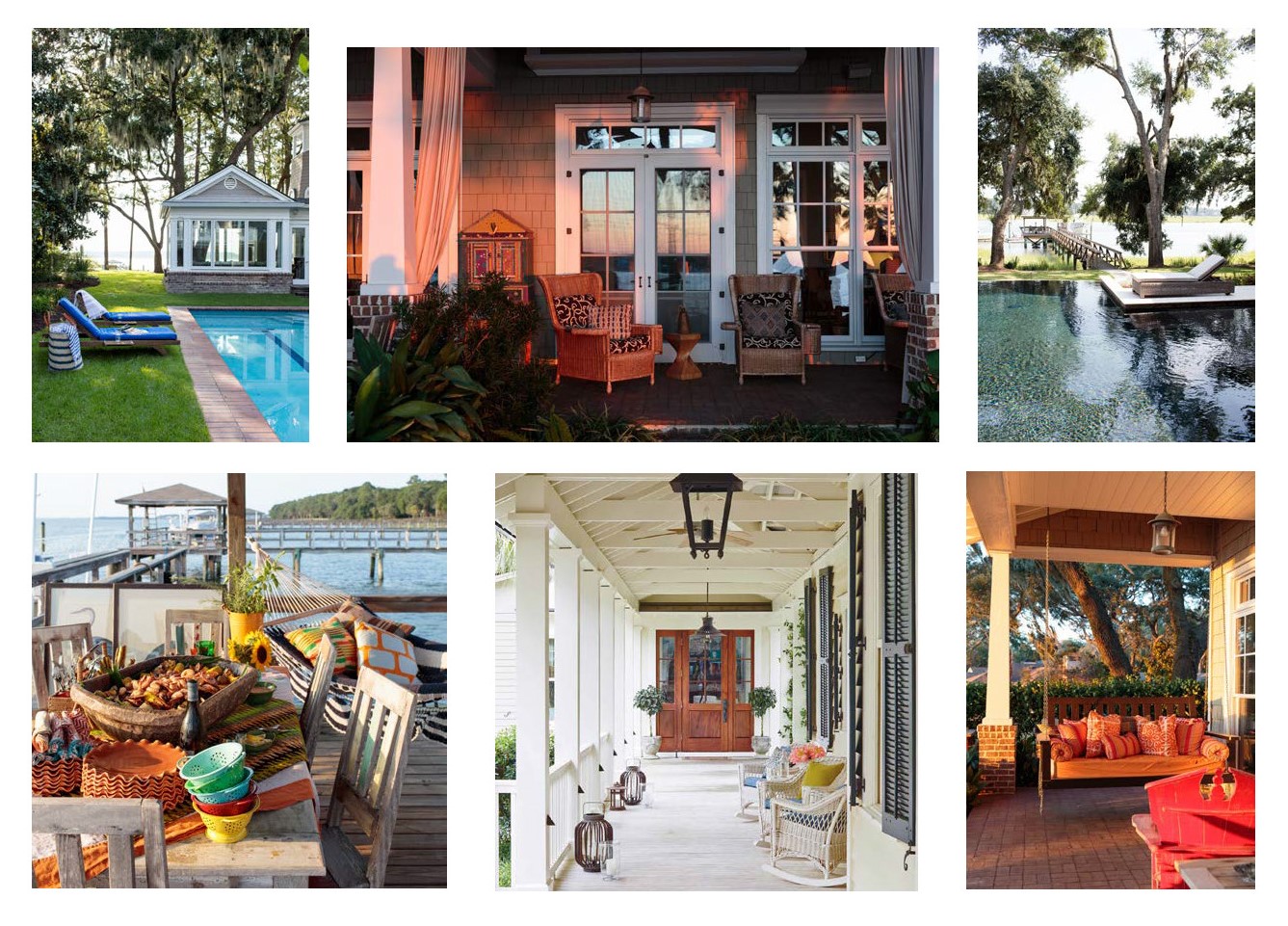 A collage of outdoor spaces in a lowcountry setting exemplifying the indoor-outdoor lifestyle of Palmetto Bluff and the Low country