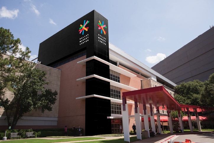 Exterior and entrance of the Dallas Market Center Building in Dallas Texas