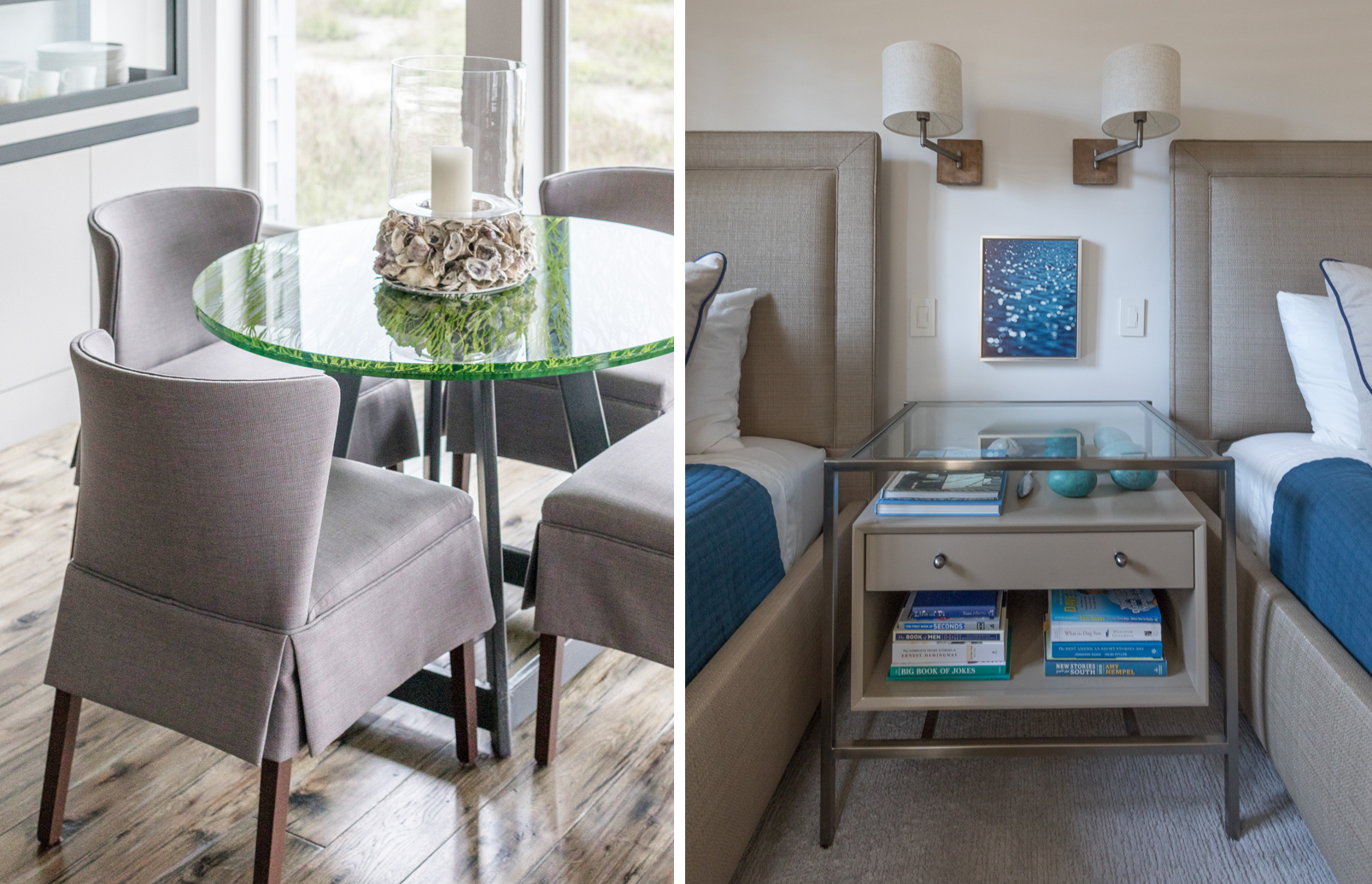 Modern dining table and chairs with natural elements that reflect the Hilton Head Island surroundings. Contemporary double beds with shared bedside table and pops of blue