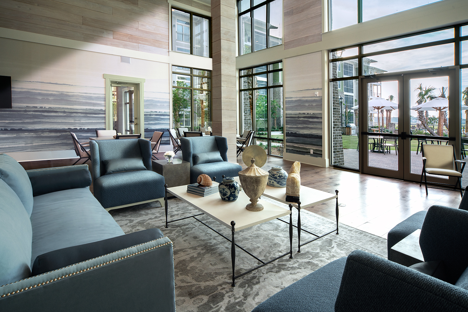 Main clubhouse sitting area in Hilton Head's Waterwalk apartment complex. Designed by Lisa Whitley of J. Banks Design Group.