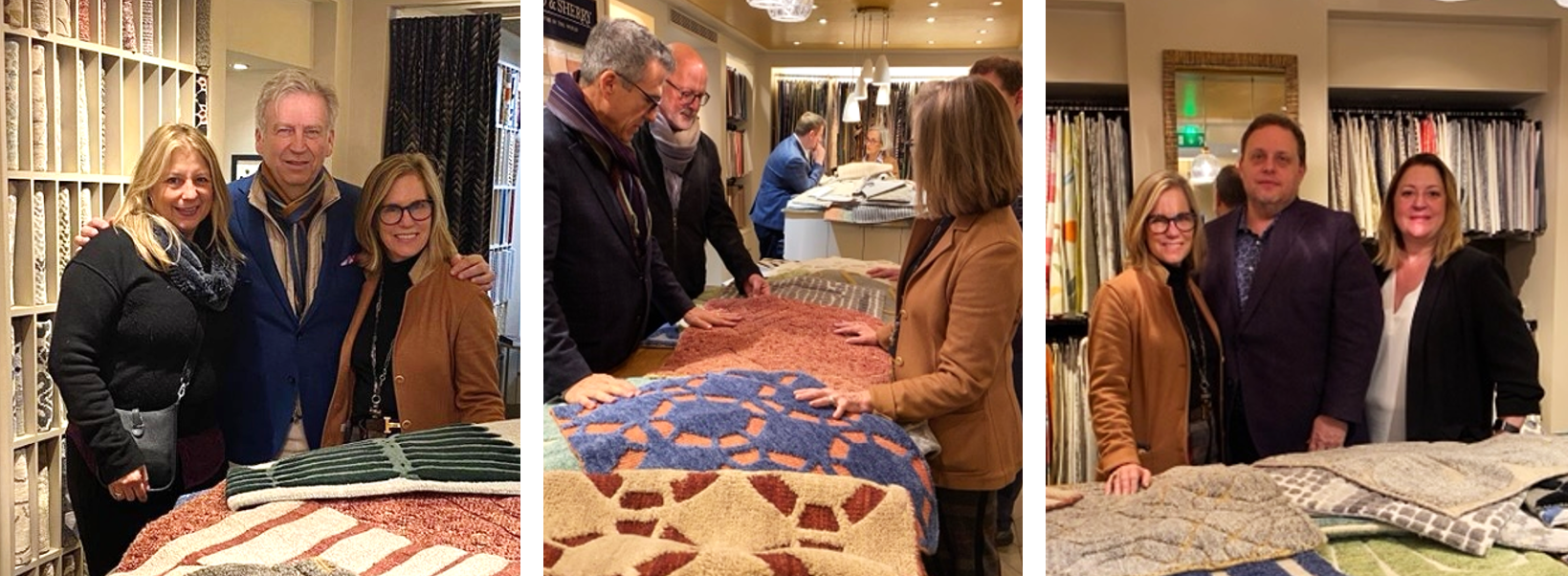 Joni Vanderslice designs several product categories under license to Holland & Sherry Rugs and is shown here with Kate and Wayne Consolio and rugs samples from her eponymous collection