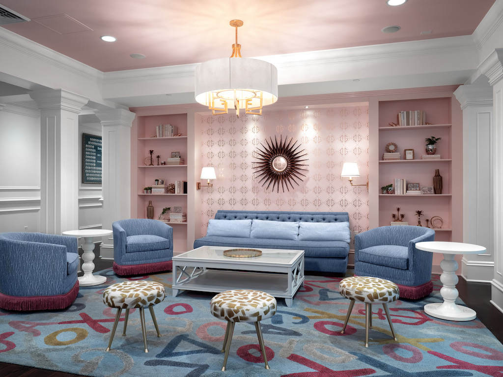The TV/gathering room of Delta Gamma, designed by Joni Vanderslice and her team at J. Banks.